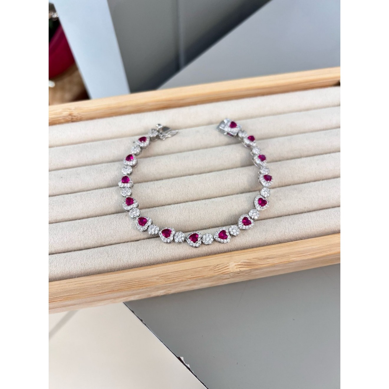 Pembe Taşlı Kalpli Silver Bileklik