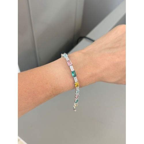 Renkli Dikdörtgen Taşlı Silver Bileklik